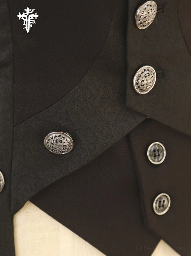 Close-up of Ouji Lolita vest back waist detail showing lace-up corset-style tightening with black ribbon laces and metal eyelet fasteners adjustable fit