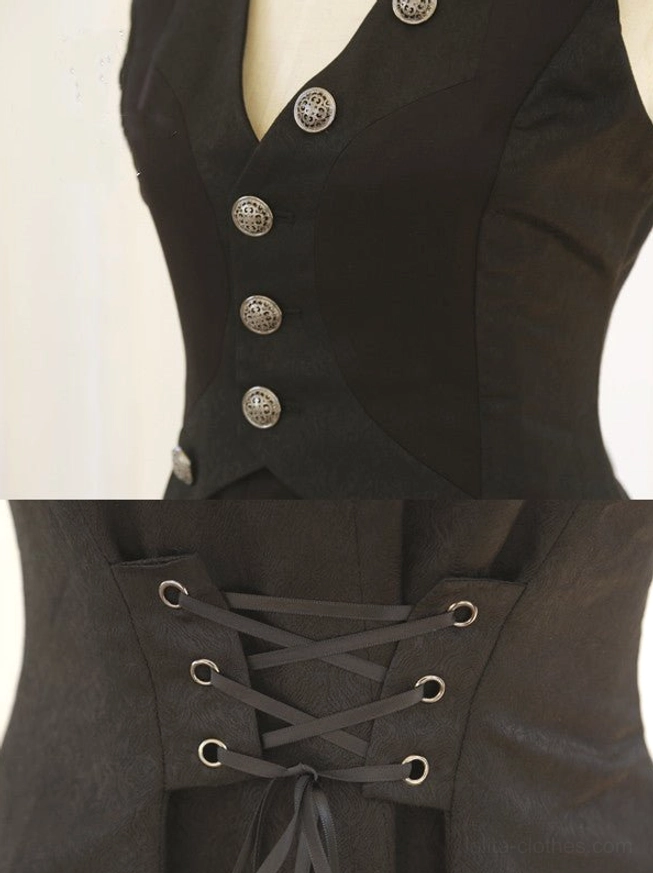 Close-up detail of Ouji Lolita vest bodice front with carved vintage silver buttons V-shaped stand collar and fitted tailored waistline construction