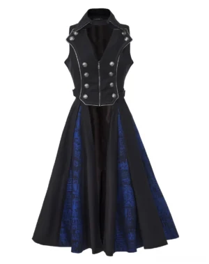 Sleeveless aristocratic Ouji Lolita vest coat with black suiting and blue plaid contrast paneling, front view studio display showing notched collar and double-breasted vintage silver buttons