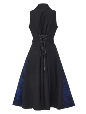 Aristocratic sleeveless Ouji Lolita vest coat back view highlighting lace-up corset back design with adjustable fit and asymmetrical high-low hemline flared skirt