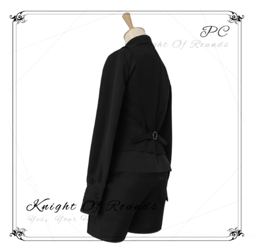 Dress form back view of Knight of Rounds Ouji Lolita black waistcoat showcasing adjustable back waist buckle and tailored slim silhouette