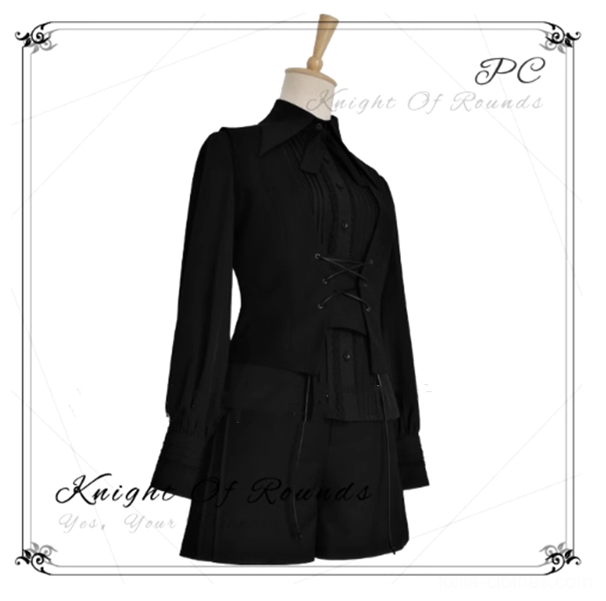 Dress form front view display of Knight of Rounds Ouji Lolita complete black tailored set with lace-up waistcoat and long-sleeve shirt