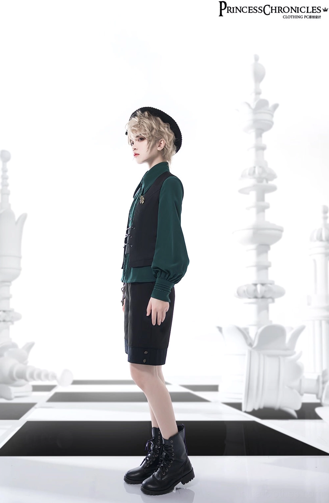 Ouji Lolita waistcoat fit and drape demonstration on model showing adjustable drawstring waist and corset-style lace-up closure system