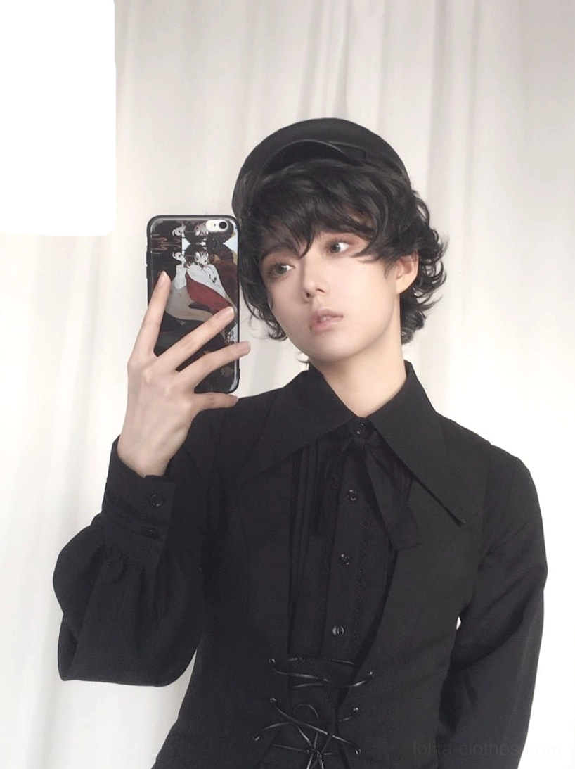 Ouji Lolita waistcoat detailed view of metal brand emblem and front lace-up corset design on slim-fit waistcoat