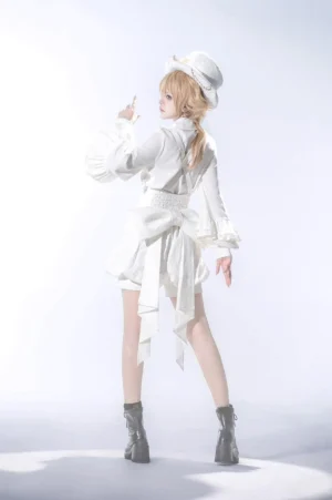 Back full-body view of all-white Ouji Lolita two-piece set with large waist sash bow, long puff sleeves, and formal top hat styling