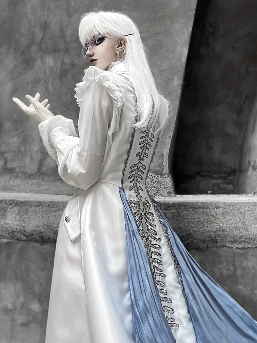 Ouji Lolita white blouse jacquard material close-up front view high stand collar pleated details