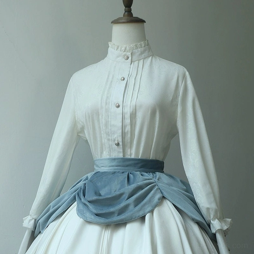 Ouji Lolita blouse and skirt waist set front display dress form high stand collar white pleated buttons