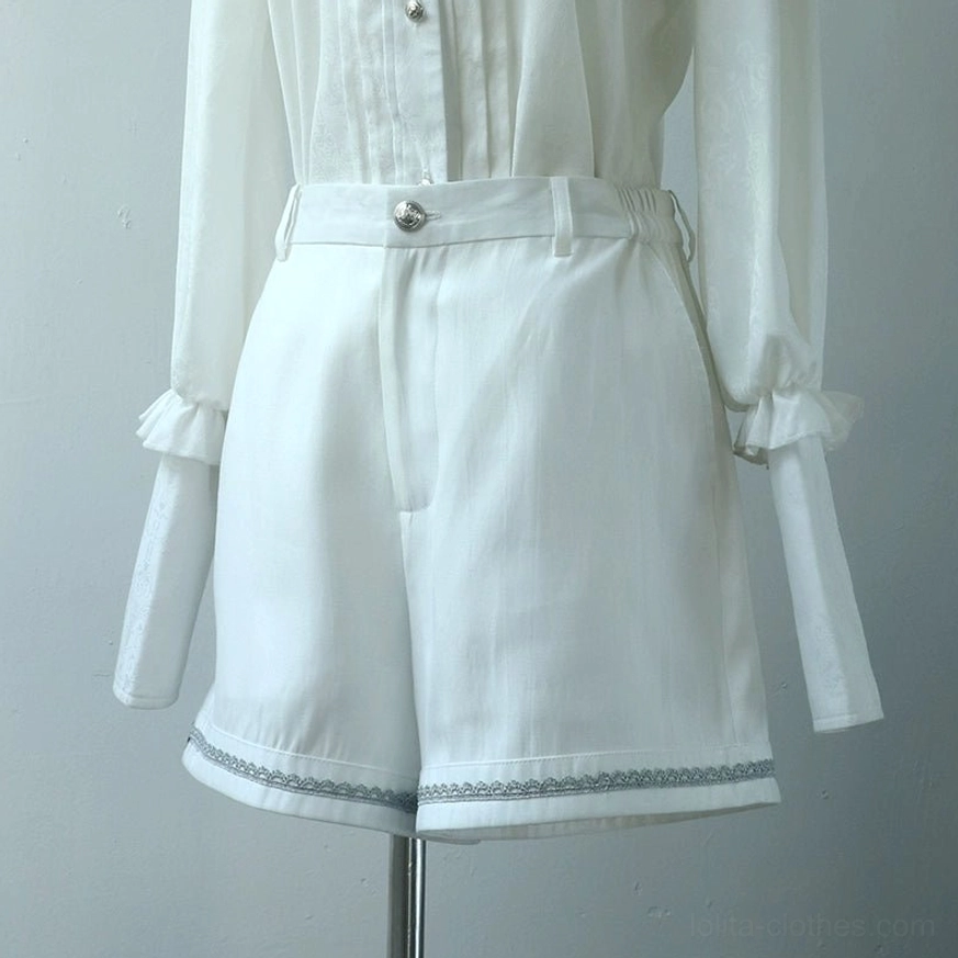Ouji Lolita tailored shorts front view dress form pure white silver waist button lace trim hem