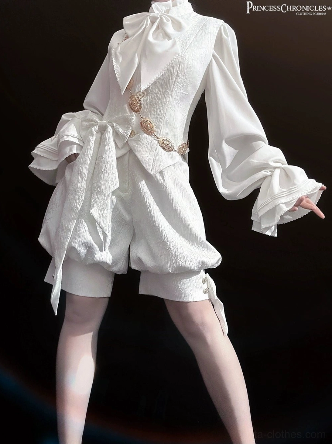 Ouji lolita white formal vest right side angle with asymmetrical design and crossbody gold decorative strap accent