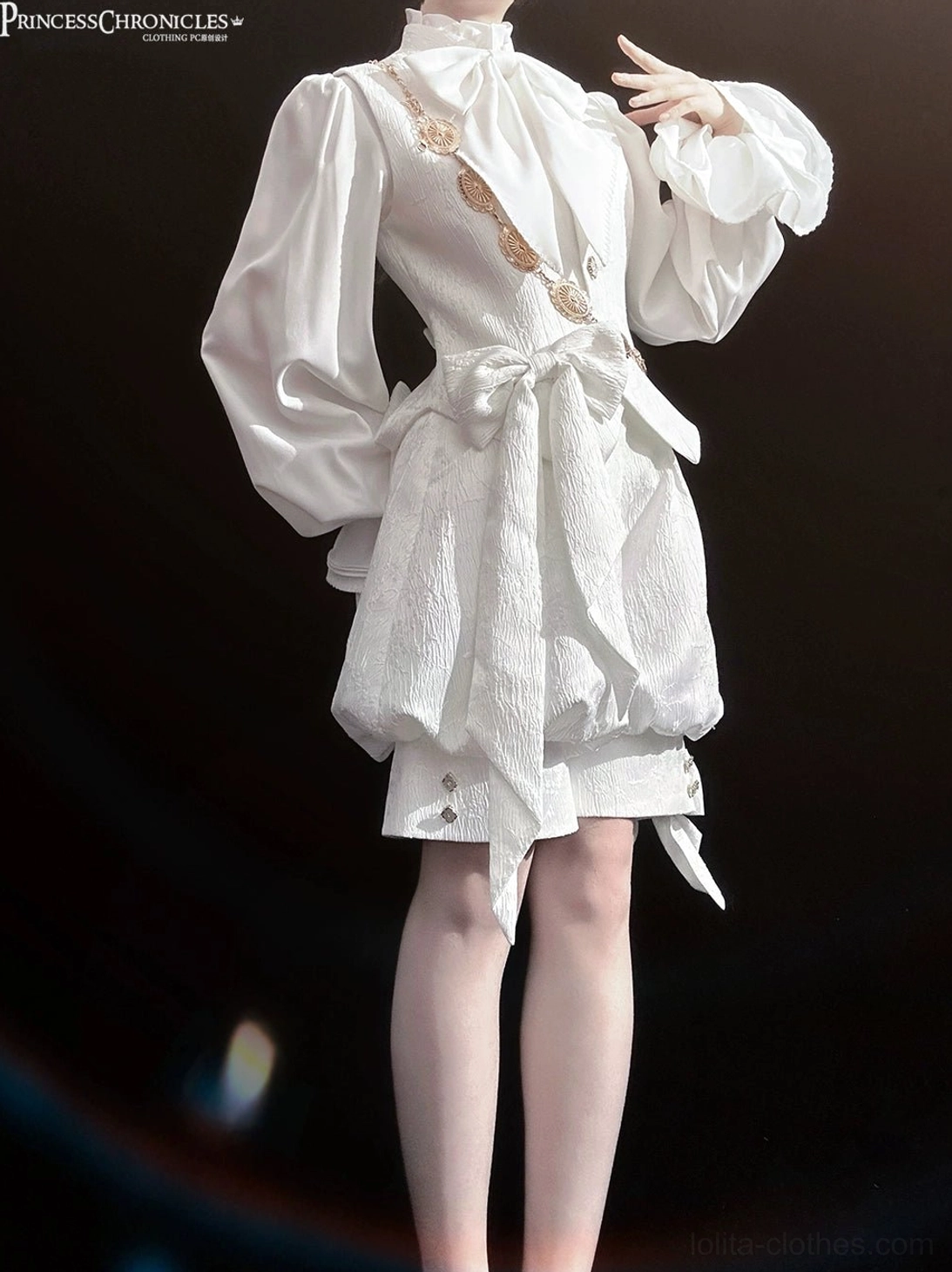 Retro ouji lolita white formal vest back three-quarter angle showing waist sash and textured jacquard fabric construction