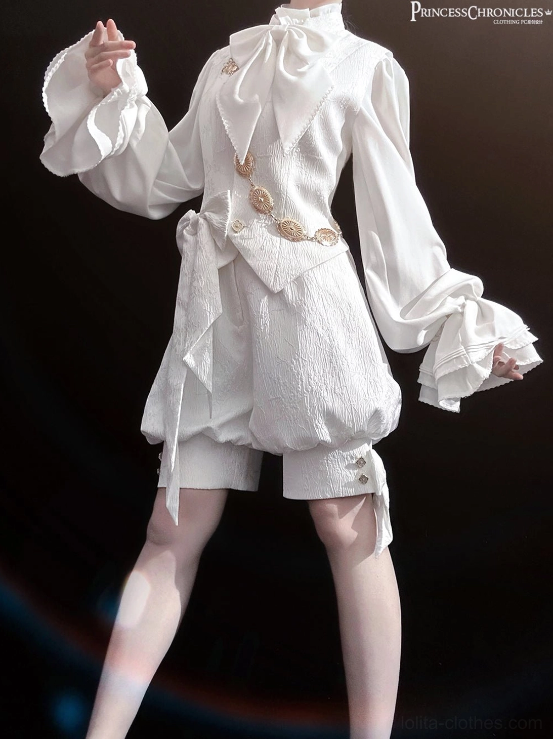 Retro ouji lolita white vest left side profile showing scalloped flared cuffs and high-neck layered bow design