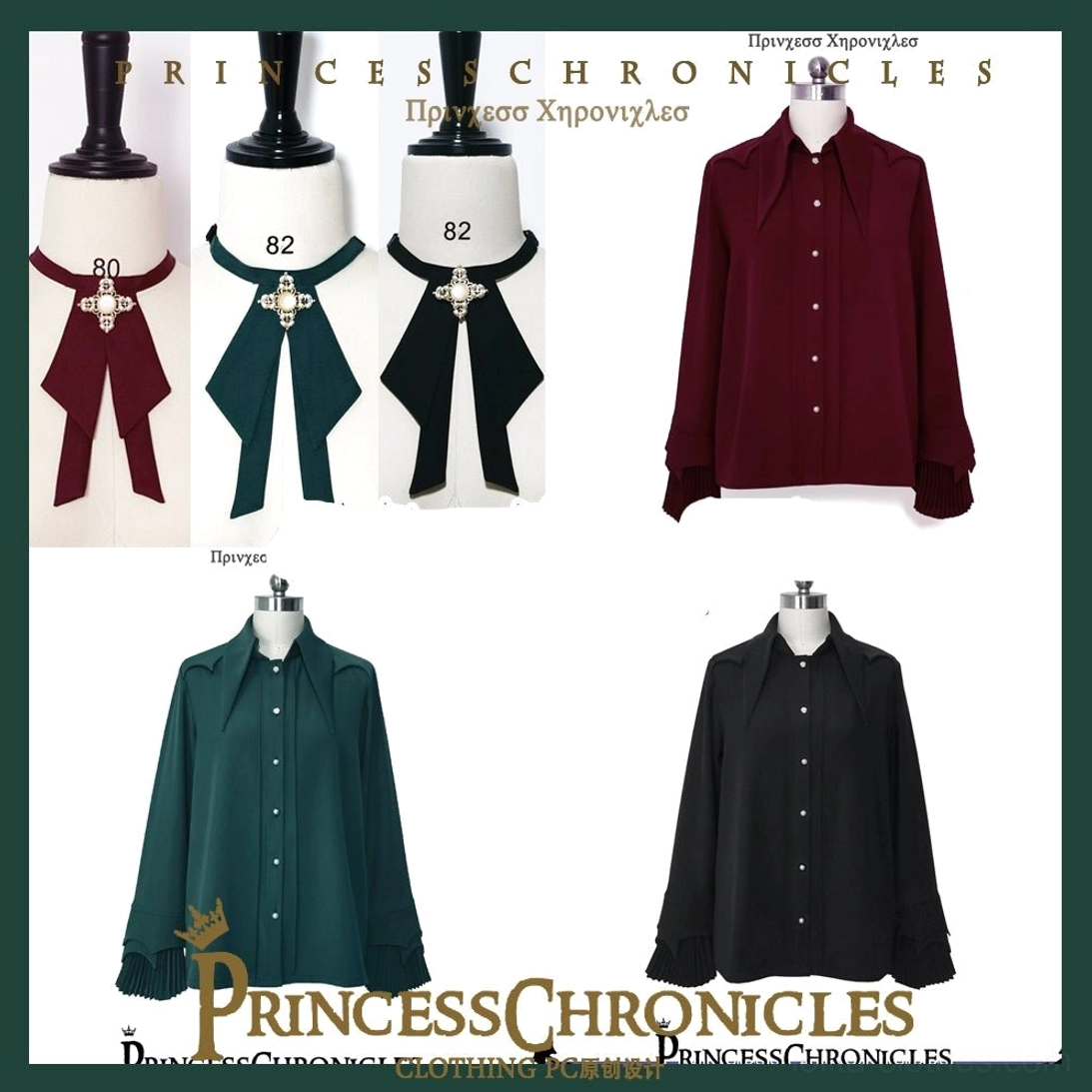 Ouji ruffled long sleeve shirts interchangeable bow ties multiple dress forms dark green black wine red cross decoration