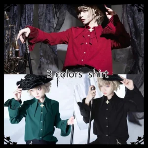 Ouji ruffled long sleeve shirts collection dark green black wine red three-color display arm spread front view