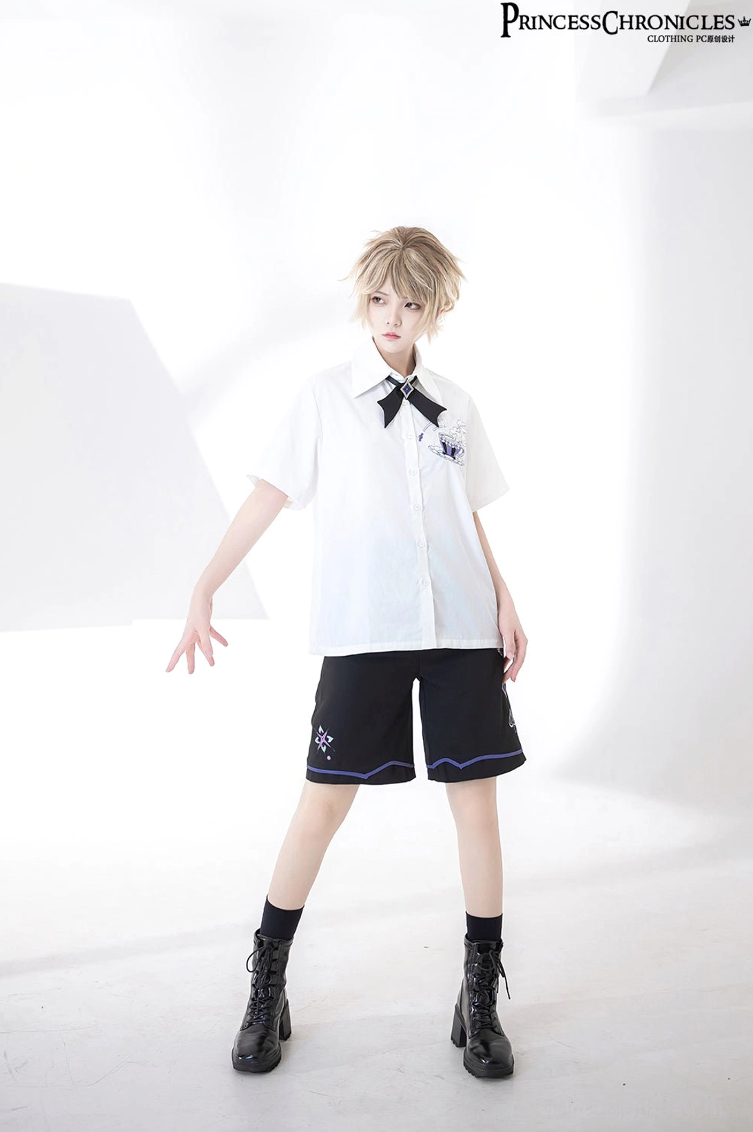 Ouji prince embroidered short-sleeve white shirt detailed close-up view showing purple chest embroidery stitching quality lolita dandy fashion