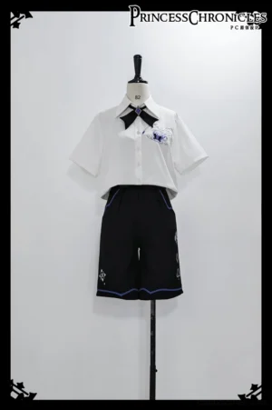 Ouji Prince embroidered short-sleeve white shirt with purple chest embroidery and black shorts set displayed on mannequin - aristocratic lolita dandy fashion front view