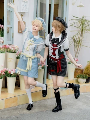 Ouji prince sailor suspender suit male lolita coordinate two models front view flower shop setting