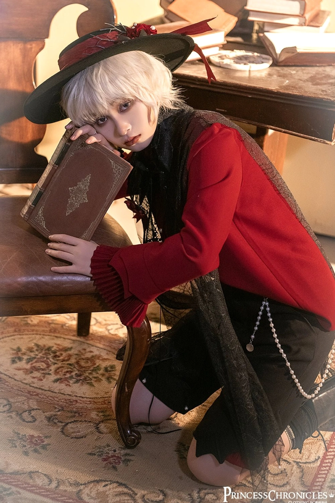 Ouji gentleman ruffled shirt sleeve cuff detail wine red color voluminous ruffle design architectural collar