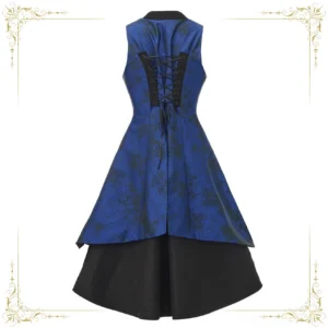 Back view of royal blue and black Ouji sleeveless coat showing asymmetric high-low layered hem design and black lace-up corset back detail for waist adjustment