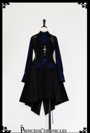 Black and royal blue male lolita ouji swallowtail vest front flat display mannequin with silver cross ornament and asymmetrical tailcoat hem