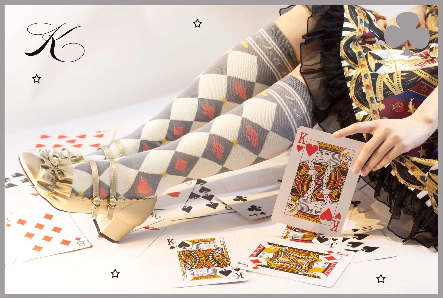 Over-the-knee asymmetrical checkerboard poker lolita cotton socks worn with hime lolita elegant dress formal event photography