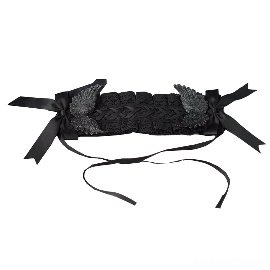 Overhead flat lay product showcase gothic lolita hairband black lace base two side satin bows wing ornaments adjustable tying ribbons