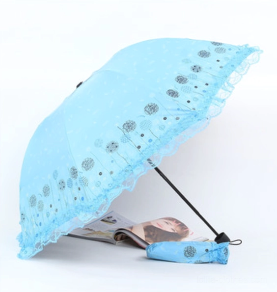 Overhead view of opened parasol showing octagonal canopy shape and full lace ruffled perimeter design for sun protection