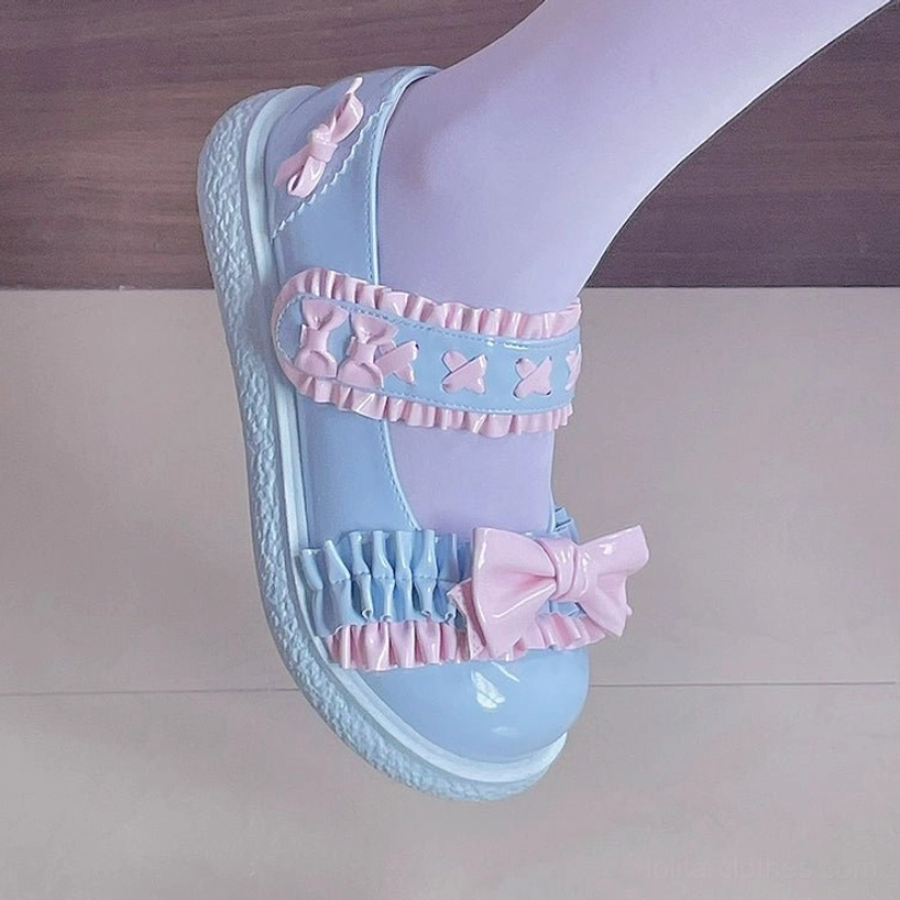 Maid-inspired Lolita shoes coordinate featuring paint black colorway with apron dress, knee-high socks and charming tea party aesthetic styling
