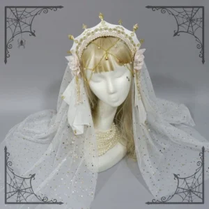 white ornate palace lolita crown headdress with gold spikes sparkly veil pink flowers and pearl chains front view on mannequin