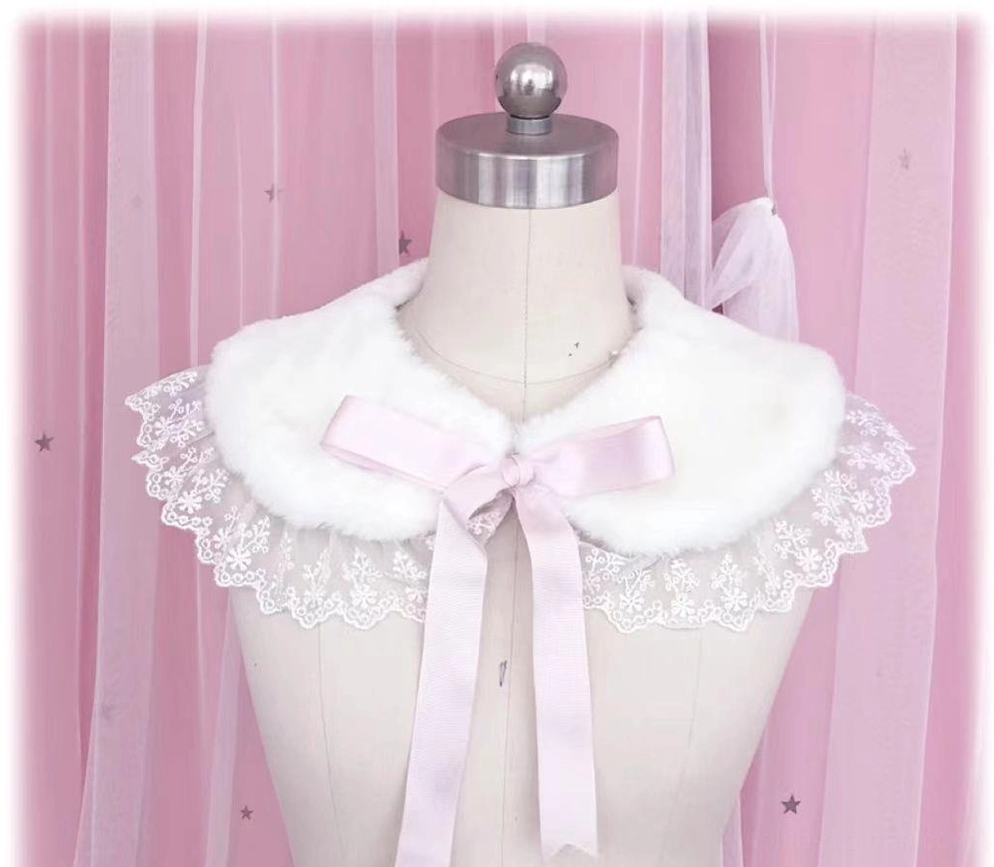 Pale pink lace Sweet Lolita faux rabbit fur false collar with soft pink satin bow displayed on a dress form