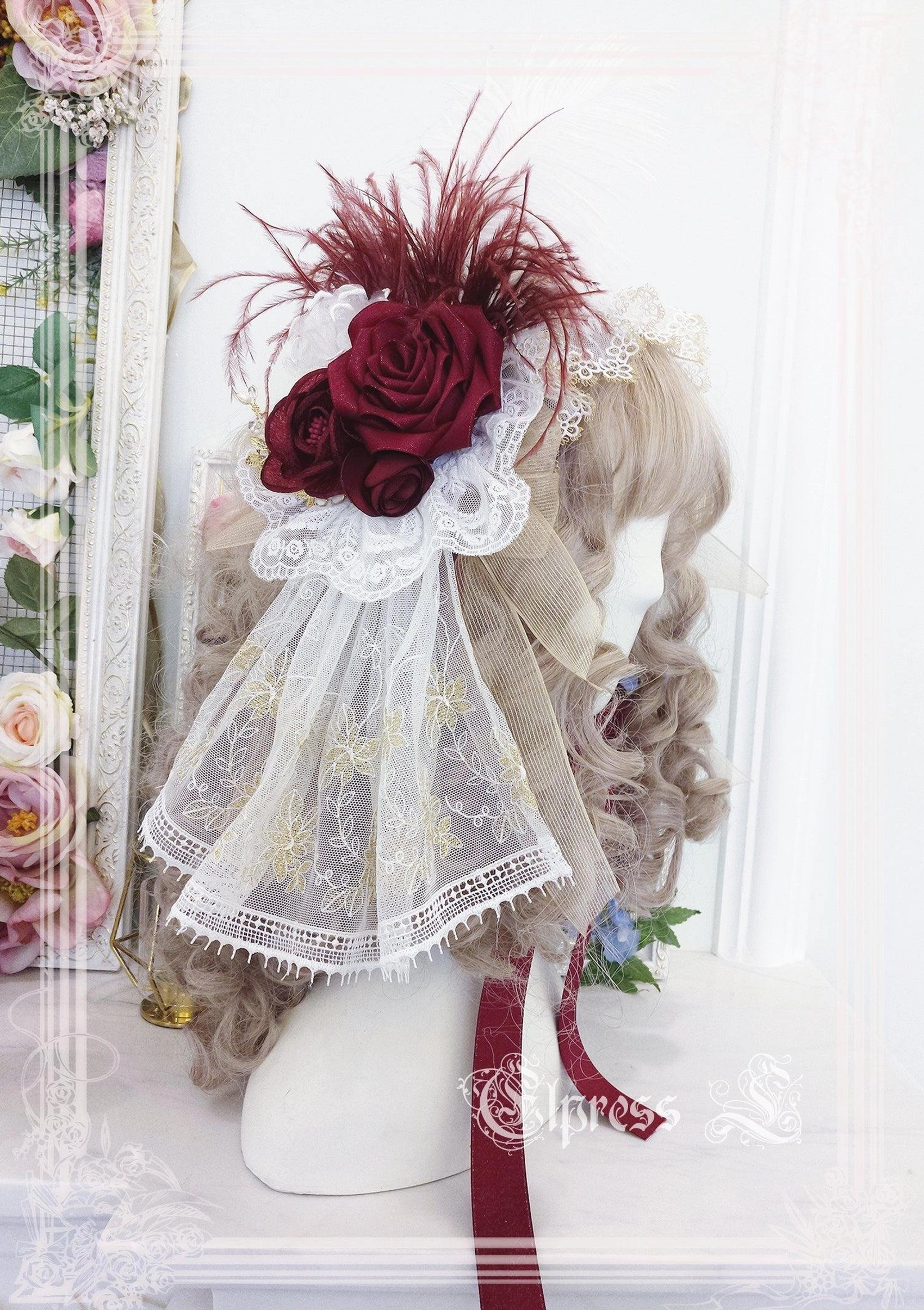 Pale pink lolita mesh veil dual-purpose with bow accent and side mesh layers festive coordinate accessory