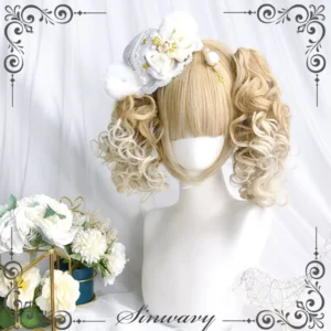 Pandora's Box lolita twin ponytail wig with milkshake blonde doll curls blunt bangs floral accessories mannequin display