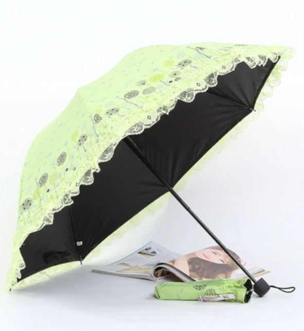 Parasol frame and handle construction detail shot highlighting stainless steel rod quality and ruffled lace edge trim craftsmanship