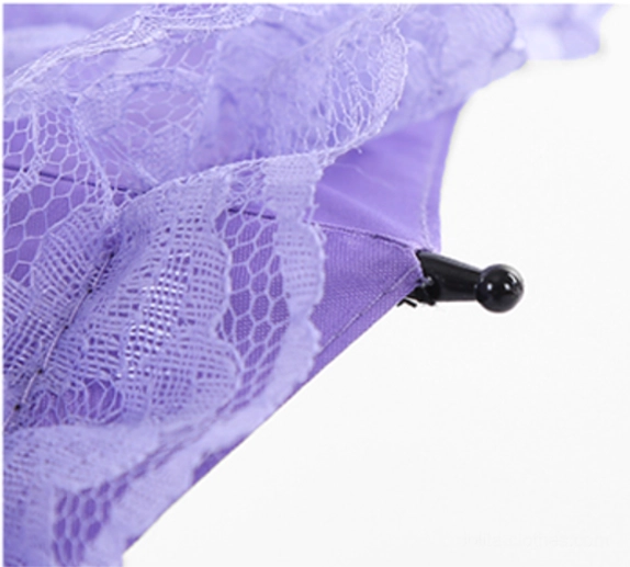Side profile view of opened parasol showing complete silhouette ruffled lace trim and proportional dimensions