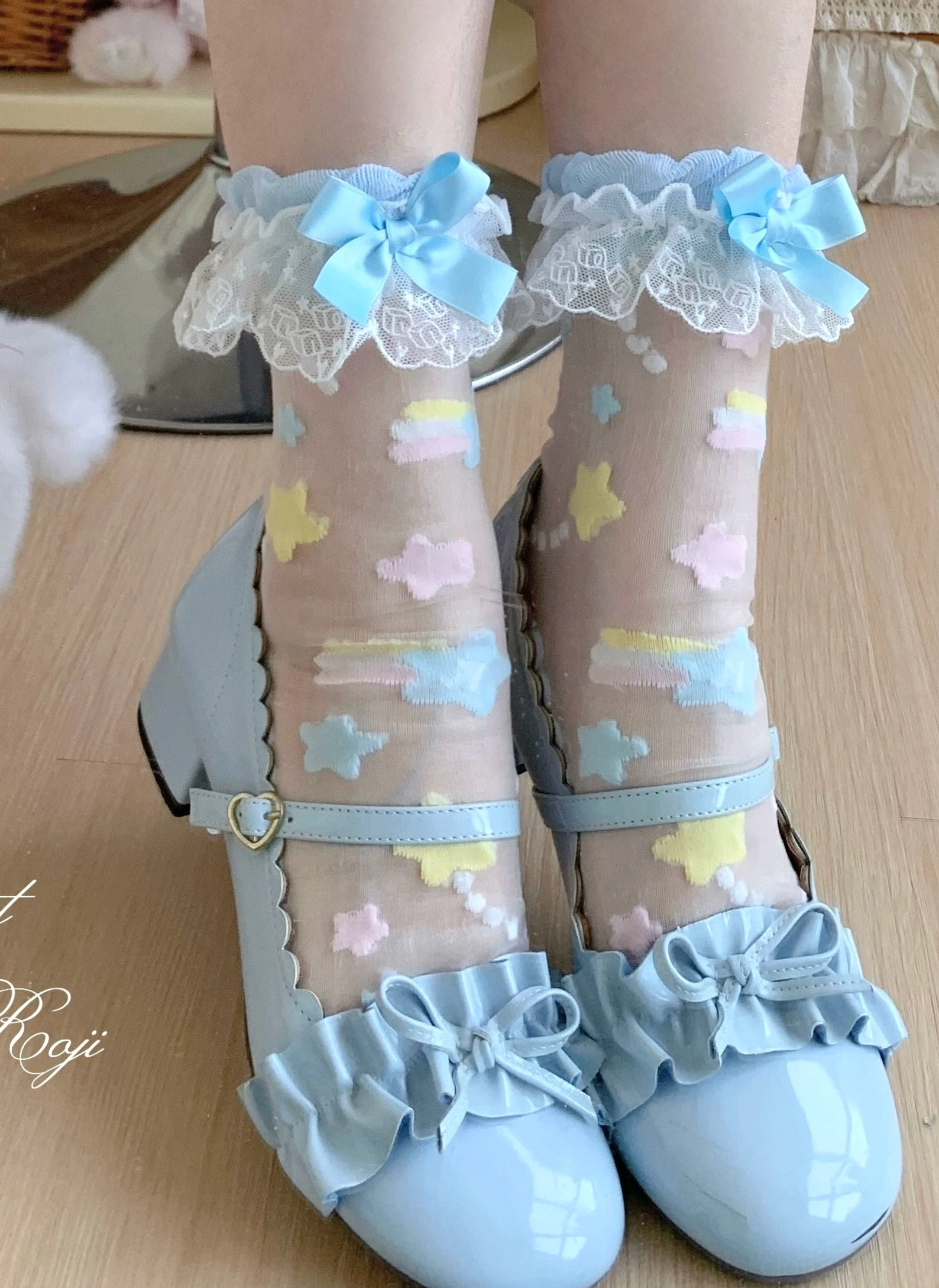 Pastel blue lolita sheer socks with colorful star embroidery blue bow ruffled mary jane straps