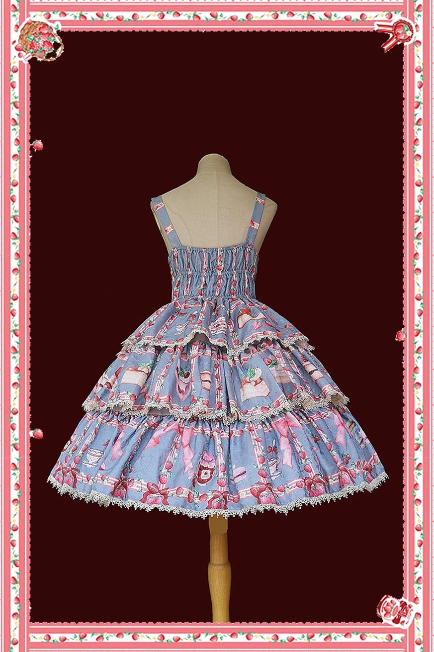Pastel light blue tiered ruffle lolita JSK dress full back view dress form dark red background floral frame square back shoulder straps tiered ruffle hem lace edging layered ruffles