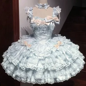 Pastel light blue sweet lolita princess JSK dress with pink bow accents, scalloped lace layers, matching detachable choker, and structured corset bodice