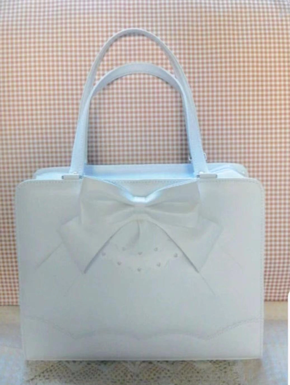 Pastel light blue gray Lolita PU top handle handbag with embossed bow lace detail and silver hardware