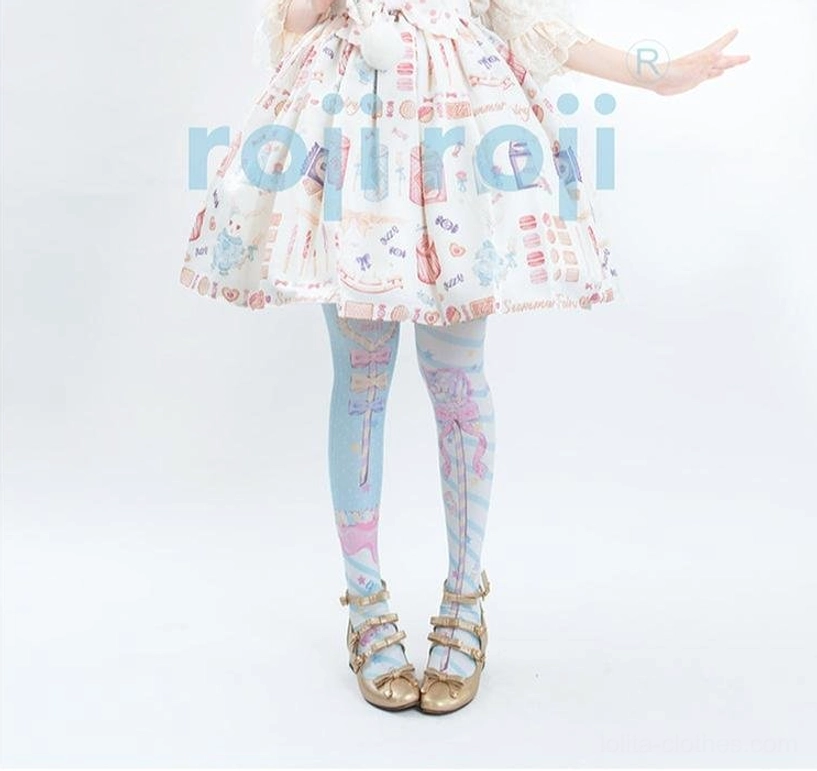 Pastel blue based Lolita printed stockings with subtle pink printed details slim fitted leg silhouette with gold multi-strap shoes