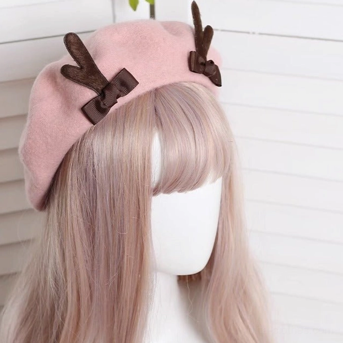 Pastel pink wool deer horn beret with bow sweet lolita style Christmas headpiece front view