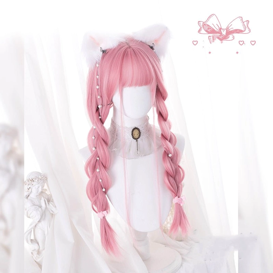 Pastel pink lolita cosplay wig with wispy bangs on white mannequin, front three-quarter static display angle showcasing the 69cm straight silhouette and natural hair flow
