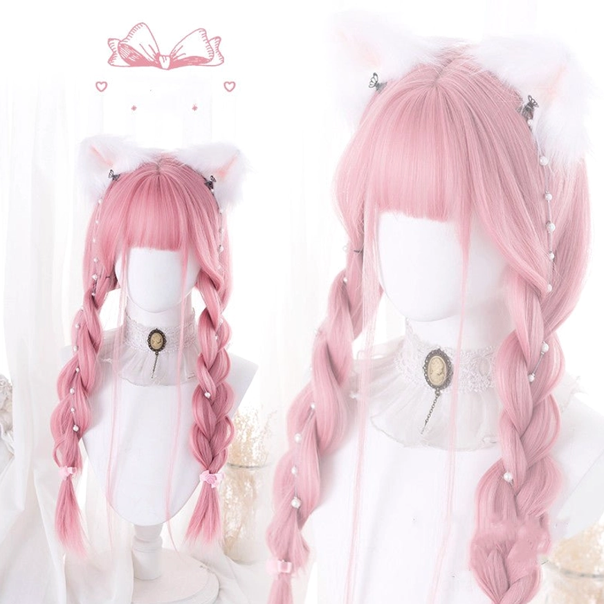 Pastel pink straight lolita wig with wispy bangs displayed on white mannequin head, showing front view and side profile angles with delicate facial framing and 69cm length