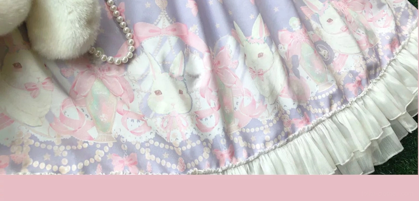 Pastel purple rabbit print Lolita one-piece dress size and fit guide showing dress proportions, silhouette structure, and design details for Lolita fashion enthusiasts