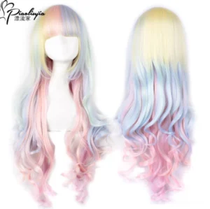 Pastel rainbow gradient long curly Lolita wig with blunt bangs displayed on white mannequin head, showing full front view of soft pink lavender mint green and pale yellow color transitions, loose spiral curls creating voluminous sweet Lolita aesthetic