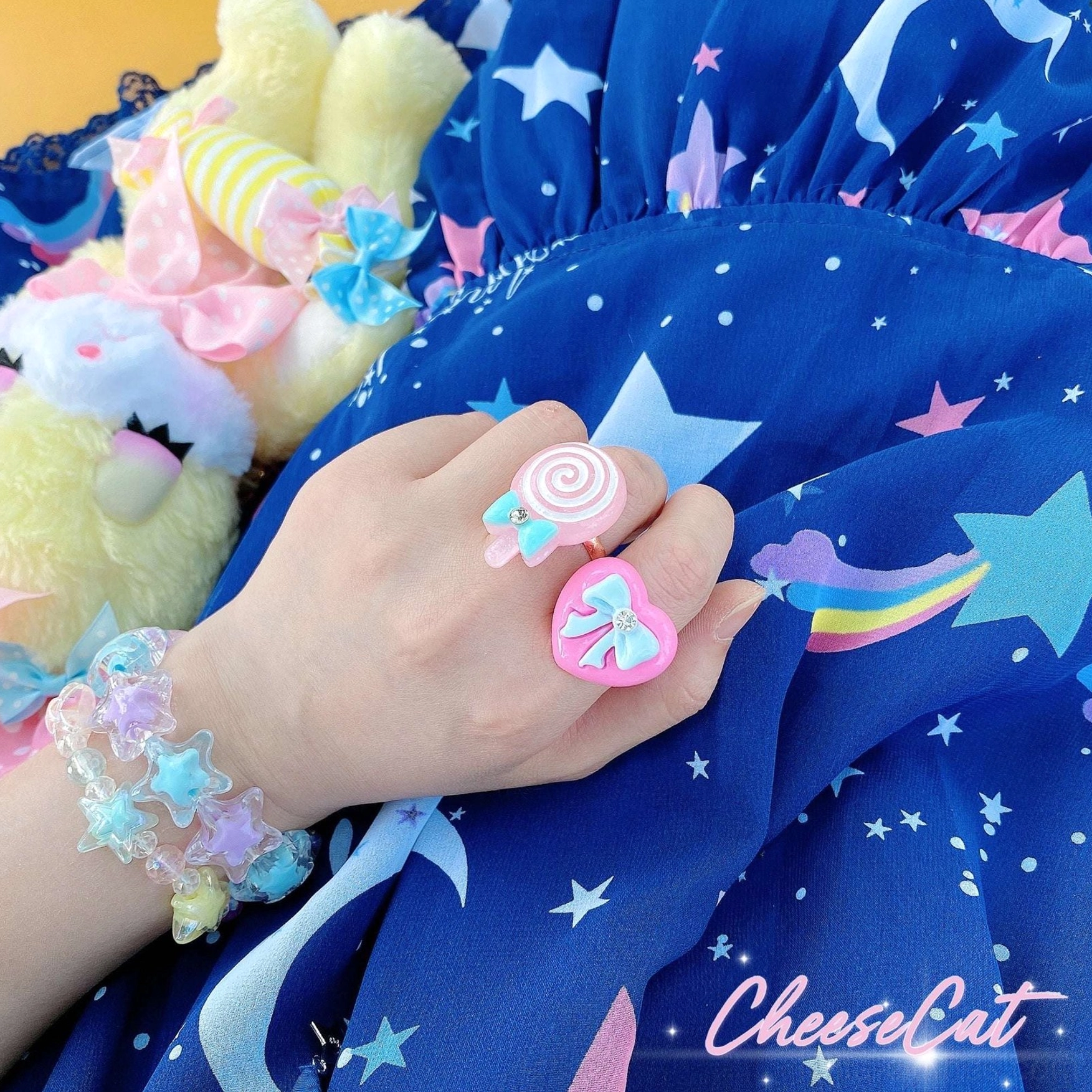 Pastel translucent star beaded Lolita bracelet with glittery sparkly finish demonstrating light-catching properties ideal for photography and personal styling