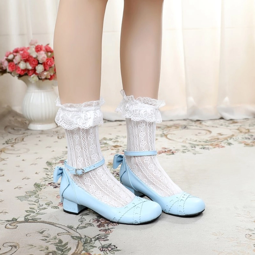 Multiple pastel color sweet lolita Mary Jane round toe flat shoes arranged to show versatile color palette options light pink purple blue beige white