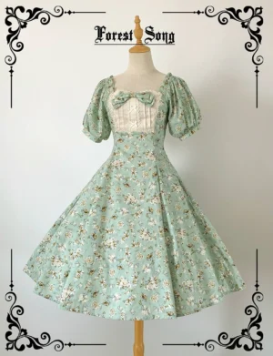 Forest Song pastoral floral lolita op dress mint green rose colorway displayed on full-body dress mannequin with puff sleeves lace square neckline front bow and midi flared skirt