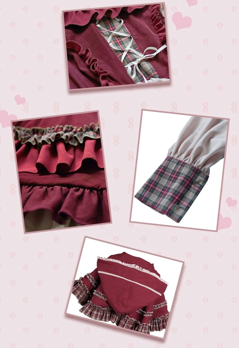 Standalone hooded cape separated from outfit, top-down flat product display view showing solid wine red main body, plaid ruffled trims, lace-trimmed hood edges, and back strap detail