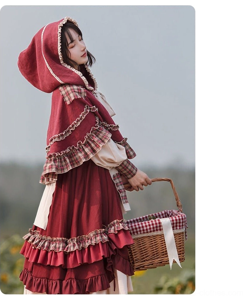 Pastoral Lolita OP dress tiered ruffled skirt detail view showing multiple ruffle layers, plaid fabric accents, cream and wine red color blocking in close-up flat lay display