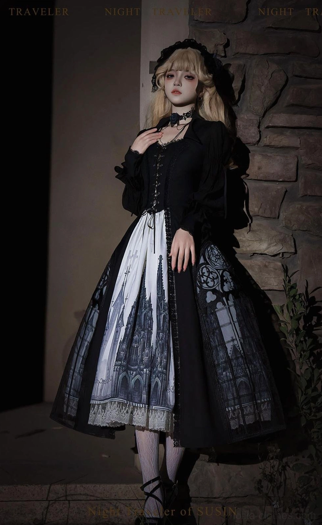 Patchwork window design gothic lolita skirt embroidered architectural elements unique standout piece showcase full detail