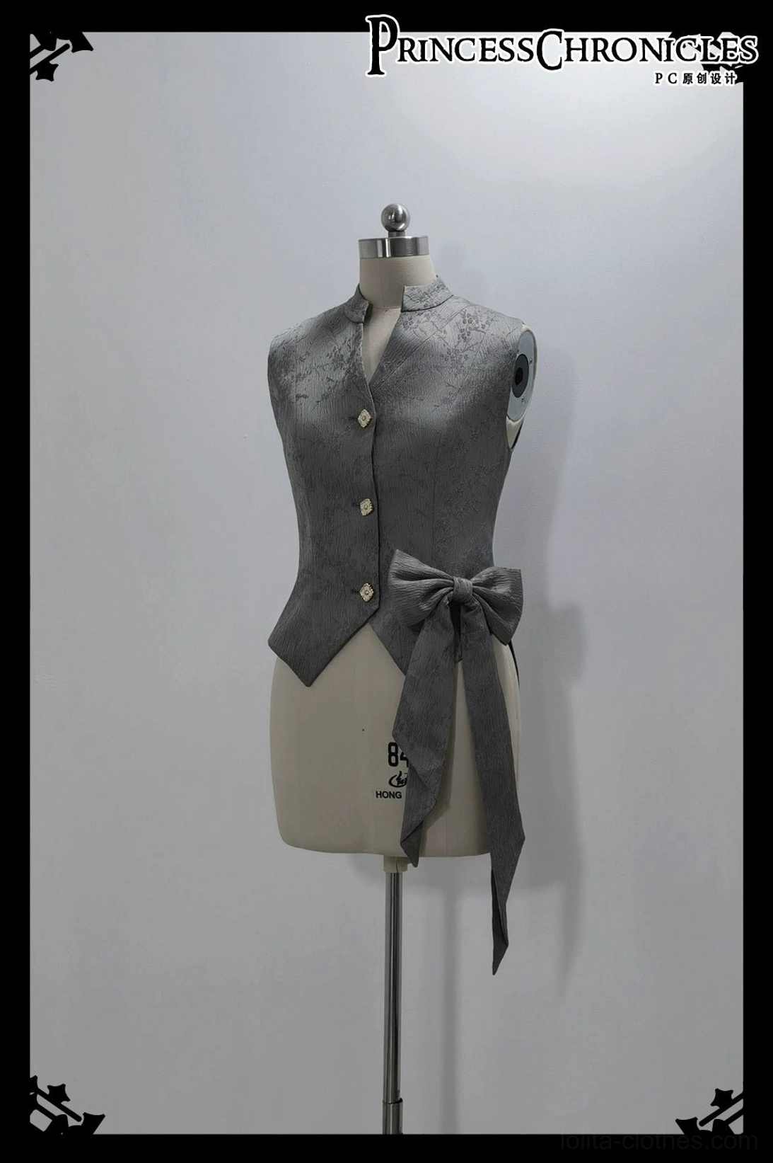 Patterned vest grey ouji lolita component pre-order option with stand collar and button detailing